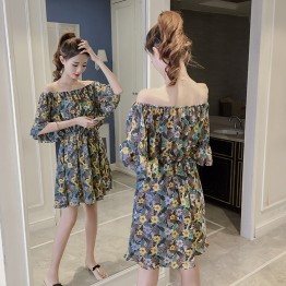 7210 # real shot word shoulder waist a word skirt temperament was thin floral chiffon short sleeve dress female