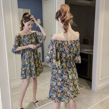 7210 boat neck temperament floral chiffon short sleeve dress