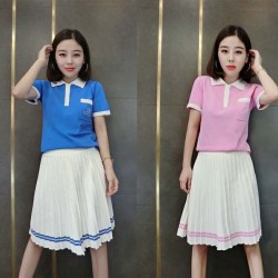 8920 preppy style polo t-shirt with pleated skirt