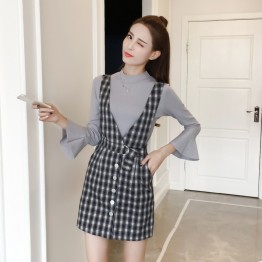 8608 trumpet sleeve tops with checks vest skirt two pieces