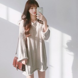 1269 Korea chic V collar long sleeves twist wool dress