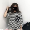 5232 # real shot South Korea ulzzang Hong Kong flavor striped letter printing pocket short sleeve TEE women blouse