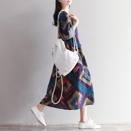 1837 art retro print long sleeves cotton linen loose long dress