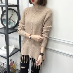 8095 loose semi-high collar tassel hem long sweater