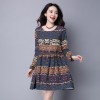 8027 national style cotton and linen large size women's geometric printing dress