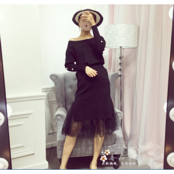 8919 autumn and winter Korean version bead knitting long splicing package hip skirt two sets dress