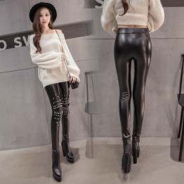 6116 Pearls rivets rhinestone lace splicing leather pants wool lining leggings