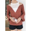 9001 contract color splicing off shoulder trumpet sleeves sweater