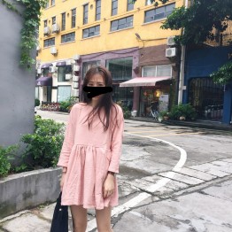 526 # real shot South Korea small fresh college wind V-neck pocket eight-point sleeve doll dress