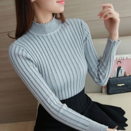 8521 autumn and winter lace semi-high collar vertical stripes elastic sweater