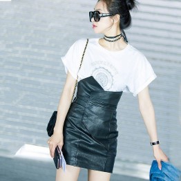 9116 black leather skirt high waist A-line irregular skirt