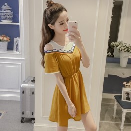 7219 # real shot summer new Korean version of the small fresh color thread stitching short-sleeved dress