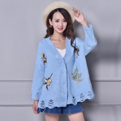 6048 spring and autumn V-neck embroidery loose long-sleeved cardigan sweater
