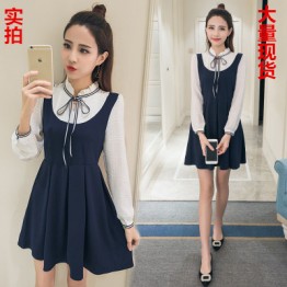 2017 spring fake two piece casual dress college wind collar long sleeve pleated skirt