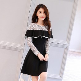 2626 autumn hollow out lace contract color shawl dress