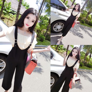 4320 fashion two pieces boat neck shirt + casual suspender pants