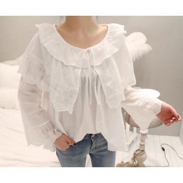 6292 fresh and beautiful lace sweet round neck hollow shirt