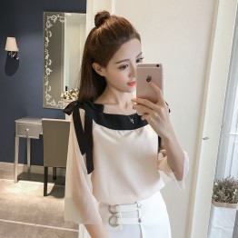 8918 bowknot boat neck trumpet sleeve chiffon shirt