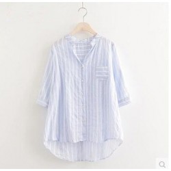 994a Korean fashion loose V-neck vertical stripes shirt