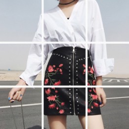 527 # autumn new embroidery high waist pu leather skirt