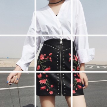 608 autumn new embroidery high waist pu leather skirt