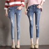 731 # hole jeans girl high waist pencil pants flanging cowboy nine points pants