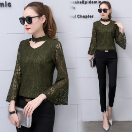 1747 2017 spring and autumn new lace bottoming shirt women's long-sleeved hollow mesh yarn shirt