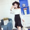 9156 sweet boat neck off shoulder shirt with irregular fishtail skirt