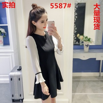 2017 spring elegant chiffon A line dress plumage splicing trumpet holder Hepburn black dress