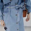 909 Korean fashion windbreaker loose large size tie waist knee long denim jacket