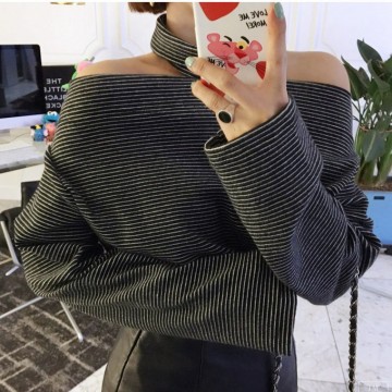 17 / early fall of the age of high-necked neck hanging collar hollow shoulder length collar striped T-shirt 6133