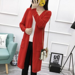 8004 autumn and winter pure color pocket loose cardigan sweater coat
