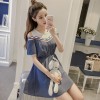 7219 # real shot summer new Korean version of the small fresh color thread stitching short-sleeved dress