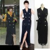 302 black double-breasted sleeveless open fork long dress