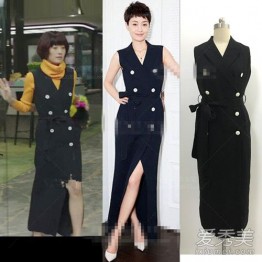 302 black double-breasted sleeveless open fork long dress