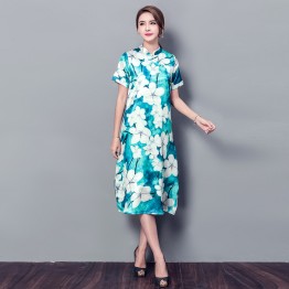 3551 Chinese style stand collar loose large dress printing improved cheongsam