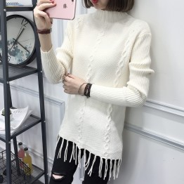 8095 loose semi-high collar tassel hem long sweater