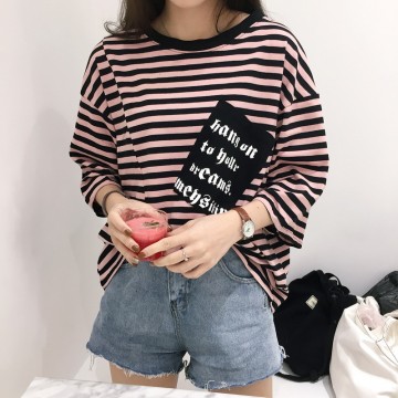 5232 # real shot South Korea ulzzang Hong Kong flavor striped letter printing pocket short sleeve TEE women blouse