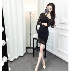 9168 sexy club trasparent splicing irregular long-sleeved tight hip dress