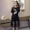 7173 print short sleeve t-shirt with high waist lace skirt