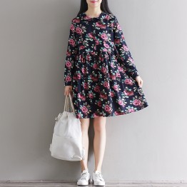 5831 fresh printing slim long sleeves cotton and linen dress