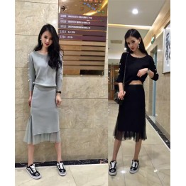 8919 autumn and winter Korean version bead knitting long splicing package hip skirt two sets dress