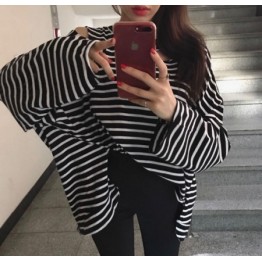8104 Korean style simple striped loose long sleeve T shirt