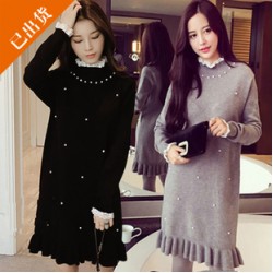 1670 plus size pearls round neck knitting sweater dress