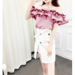 8009 new lotus leaf petals word collar shirt with double-breasted irregular skirt suit