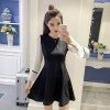 2017 spring elegant chiffon A line dress plumage splicing trumpet holder Hepburn black dress