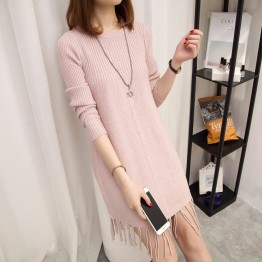 Korean fashion women autumn and winter loose A-line tassel round neck sweater