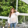 Korean fashion hollow hook flowers stitching white bubble sleeves long sleeves loose shirt
