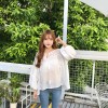 8091 Korean fashion hollow crochet white bubble sleeves shirt