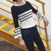 Korean fashion strapless collar leaf sleeves Slim was thin black and white striped sweater ice silk T shirt women shirt